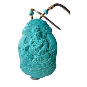 Exquisite Turquoise Carved Yellow Jambhala Pendant w Hand Woven Necklace