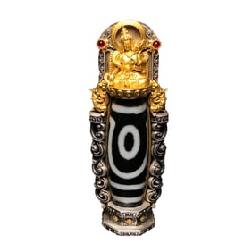 Superb Tibetan Buddhism Pure Silver Inlay 2 Eye DZI Agate Tara Pendant