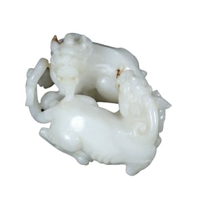 Superb Chinese White Hetian Jade Carved Double Beast Statue