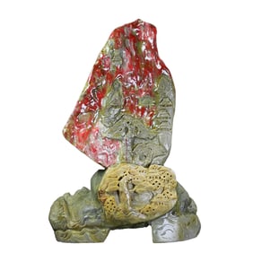 Chinese Chicken Blood Stone Carved Mountain River Scene Statue