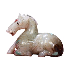 Vintage Chinese Gold Wires Hetian Jade Carved Fortune Horse Statue