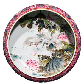 Chinese Famille Rose Crane &Lotus Leaf & Lotus Flower Design Porcelain Writing-Brush Washer