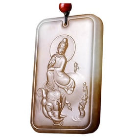 Superb Chinese Hetian Jade Carved Samantabhadra Pendant w Certificate
