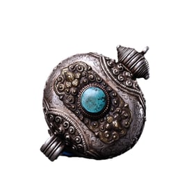 Tibetan Pure Silver Inlay Turquoise Gawu Box Pendant