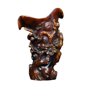 Vintage Ox Horn Carved Plum Flower Wine Cup