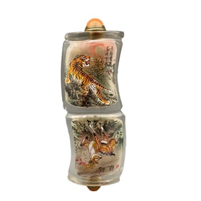 Chinese Peking Glass Inside Painting Tiger & Deer Design Conjoined Snuff Bottle