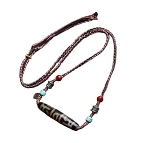 Old Tibetan Three Eye DZI Agate Lucky Pendant w Hand Woven Necklace
