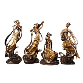 A Set Four Vintage Chinese Gilt Gold Copper Feitian Female Deity Statues