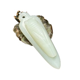 Chinese White Hetian Jade Carved Fortune Cicada Pendant