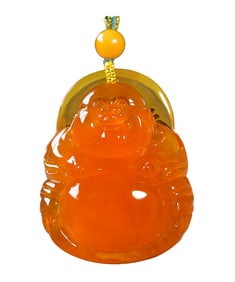 Beautiful Beeswax Carved Laughing Buddha Pendant w Hand Woven Beads Necklace