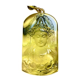 Beautiful Yellow Crystal Carved Kwan-yin Pednant w Hand Woven Necklace