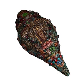 Vintage Tibetan Colored Drawing Gilt Gold Copper Inlay Turquoise & Gem Conch