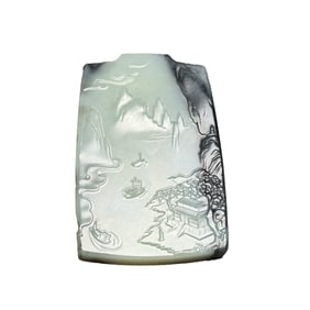 Chinese Hetian Jade Low Relief Mountain River Scene Pendant