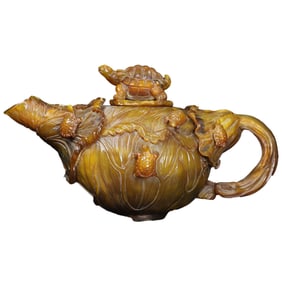 Vintage Ox Horn Carved Long Life Turtle Teapot