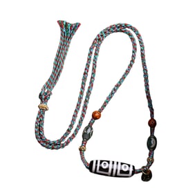 Old Tibetan DZI Agate Lucky Pendant w Hand Woven Necklace