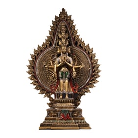 Tibetan Buddhism Colored Drawing Gilt Gold Copper Thousand-Hand Kwan-yin Statue