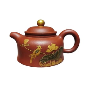 Antique Chinese Gilt Gold Yixing Zisha Plum Flower & Magpie Teapot