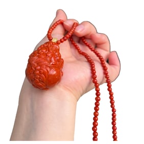 Chinese Nnahong Agate Carved Fortune Pixiu Pendant w Hand Woven Beads Necklace