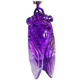 Beautiful Amethyst Carved Fortune Cicada Pendant w Hand Woven Beads Necklace