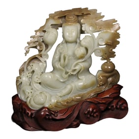 Superb Chinese Hetian Jade Carved Lotus Flower Kwan-yin Statue