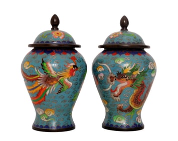 A Pair Vintage Chinese Copper Cloisonne Dragon Phoenix Design Pots