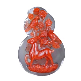 Superb Chinese Nanhong Agate Carved Sika Deer Gourd Shape Pendant