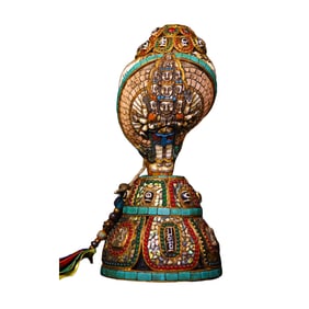 Old Tibetan Conch Inlay DZI Agate & Shell & Turquoise & Gems Dharma-vessel Conch Statue