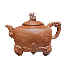 Antique Chinese Yixing Zisha Mountain River Scene Teapot