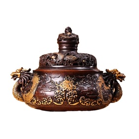 Vintage Chinese Gilt Gold Copper Double Ear Fortune Dragon Incense Burner