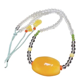Beautiful Beeswax Carved Bead Pendant w Hand Woven White Crystal Beads Necklace