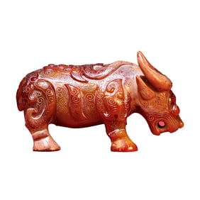 Superb Vintage Chinese Hetian Jade Carved Ox Statue