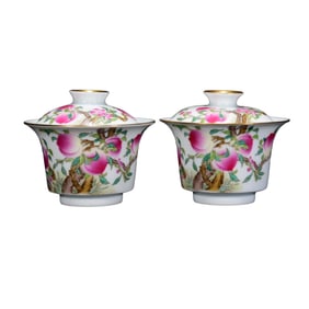 A Pair Chinese Qing Dynasty Gilt Edge Famille Rose Peach Design Porcelain Teabowl