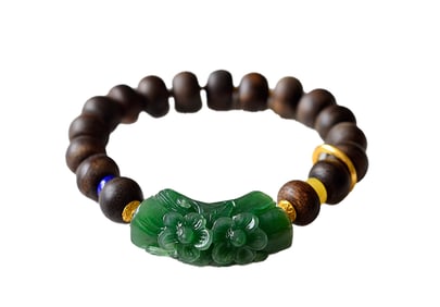 Hand Woven Chenxiang Wood & Green Hetian Jade Beads Bracelet