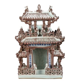 Chinese Blue And White Porcelain + Underglaze Red Porcelain Pavilions, Terraces, Towers