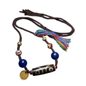 Old Tibetan 3 Eye DZI Agate Lucky Pendant w Hand Woven Necklace