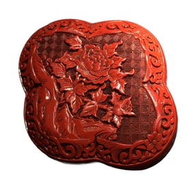 Chinese Red Lacquerware Low Relief Flower Design Jewellery Box