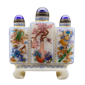 Chinese Peking Glass Colored Drawing Flowers Design Conjoined Snuff Bottle