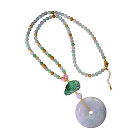 Beautiful Jadeite Carved Lucky Pendant w Hand Woven Beads Necklace