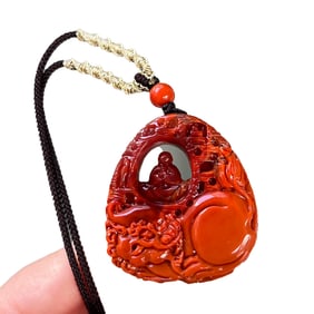 Superb Chinese Nanhong Agate Carved Buddha Pendant