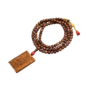 Vintage Chenxiang Wood Carved Buddha Pendant w Hand Woven Beads Necklace