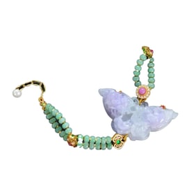 Exquisite Purple Jadeite Carved Butterfly Pendant w Hand Carved Jadeite Beads Bracelet