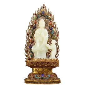 Exquisite Chinese Hetian Jade Carved Kwan-yin Statue w Gold Wires Enamel Inlay Gem Base