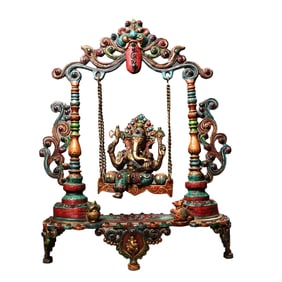 Tibetan Buddhism Gilt Gold Copper Inlay Turquoise & Gems Ganesha Buddha Statue
