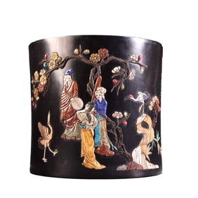 Chinese Zitan Wood Inlay Shoushan Stone & Shell & Lapis Lazuli & Turquoise Figure Design Brush Pot
