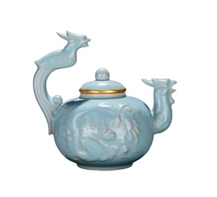 Chinese Gilt Edge Ru Kiln Porcelain Phoenix Teapot