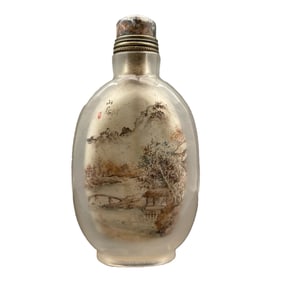 Old Chinese Crystal Inside Painting Mountain River Scene Design Snuff Bottle w Stopper