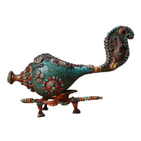 Tibetan Buddhism Gilt Gold Copper Inlay Turquoise & Gems Conch Statue