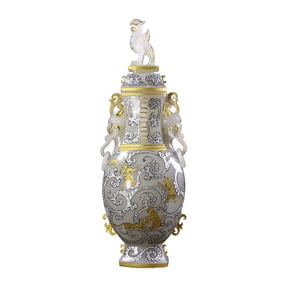 Superb Chinese Hetian Jade Inlay Silver Wires Dragon Phoenix Design Vase