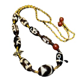 Old Tibetan DZI Agate Lucky Pendant w Hand Woven Necklace