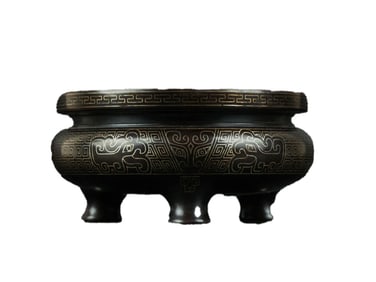 Vintage Chinese Copper Inlay Silver Wires 3 Legd Incense Burner